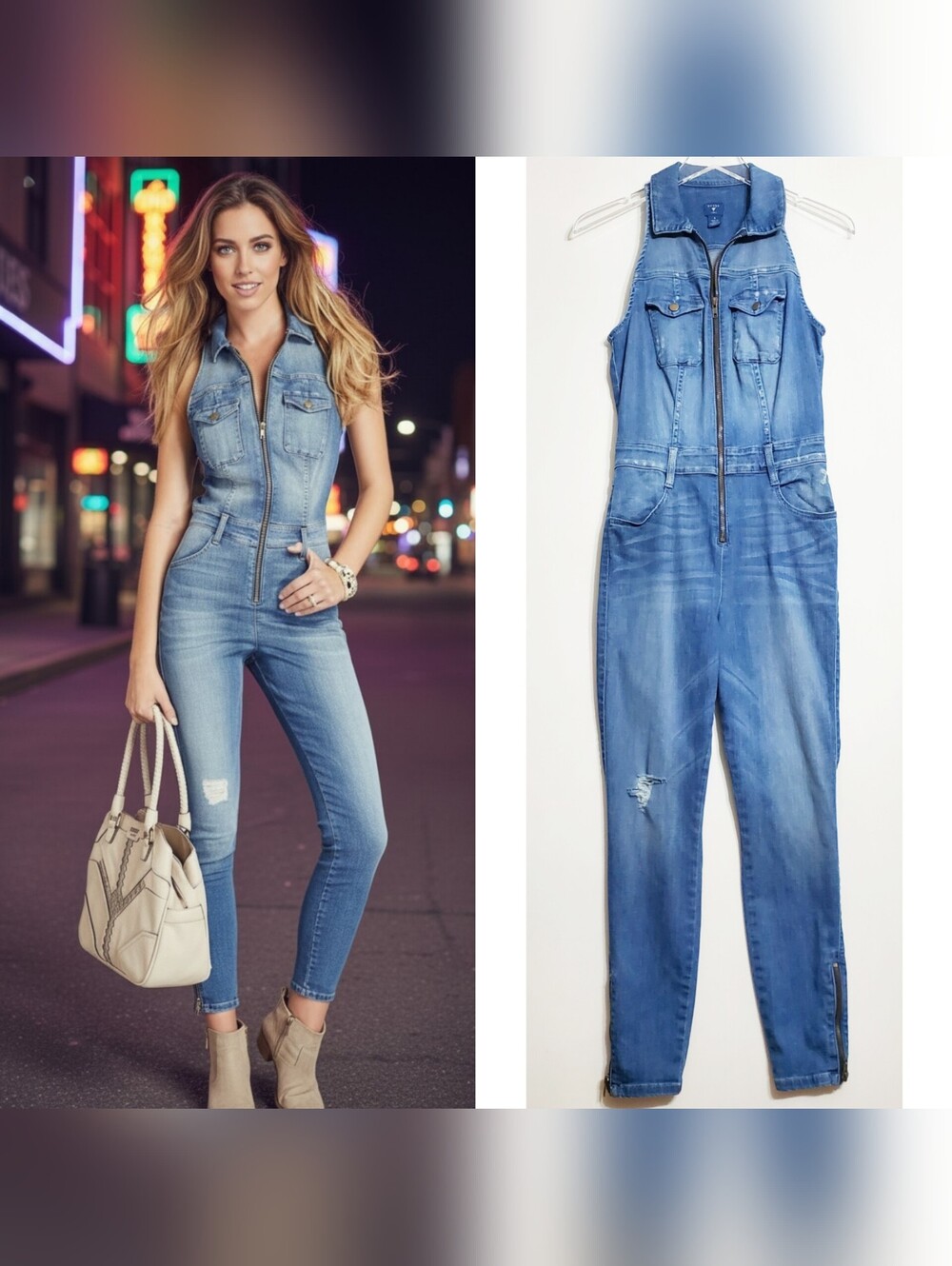 Guess size 0 denim jumsuit zip up skinny distressed pockets blue y2k classic 90s